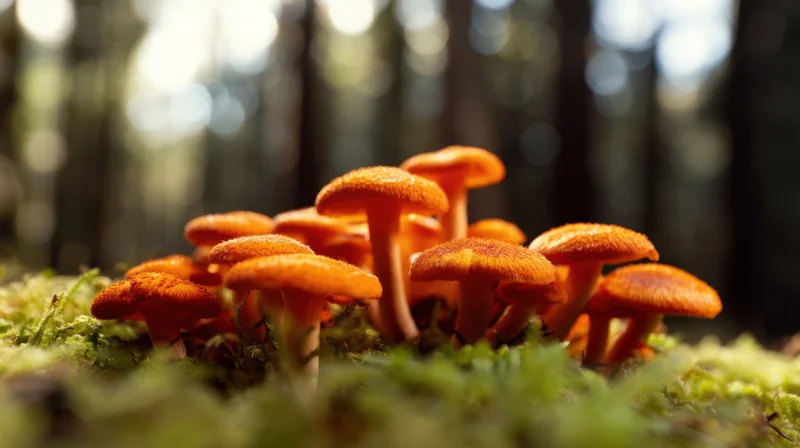 Cluster of orange mushrooms growing on mossy forest floor in dappled sunlight