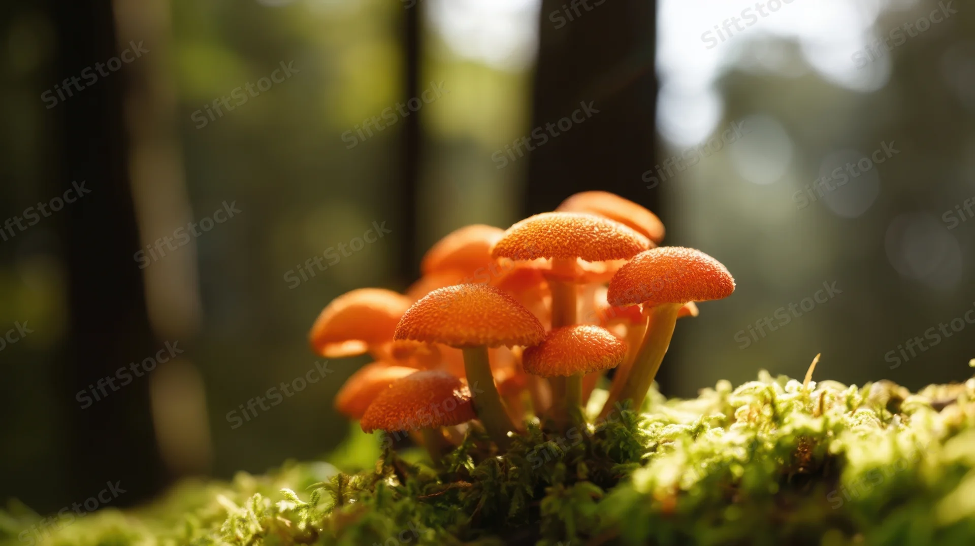 Cluster of orange mushrooms growing on mossy ground in a sunlit forest