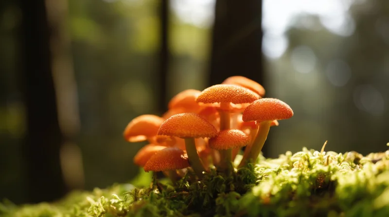 Cluster of orange mushrooms growing on mossy ground in a sunlit forest