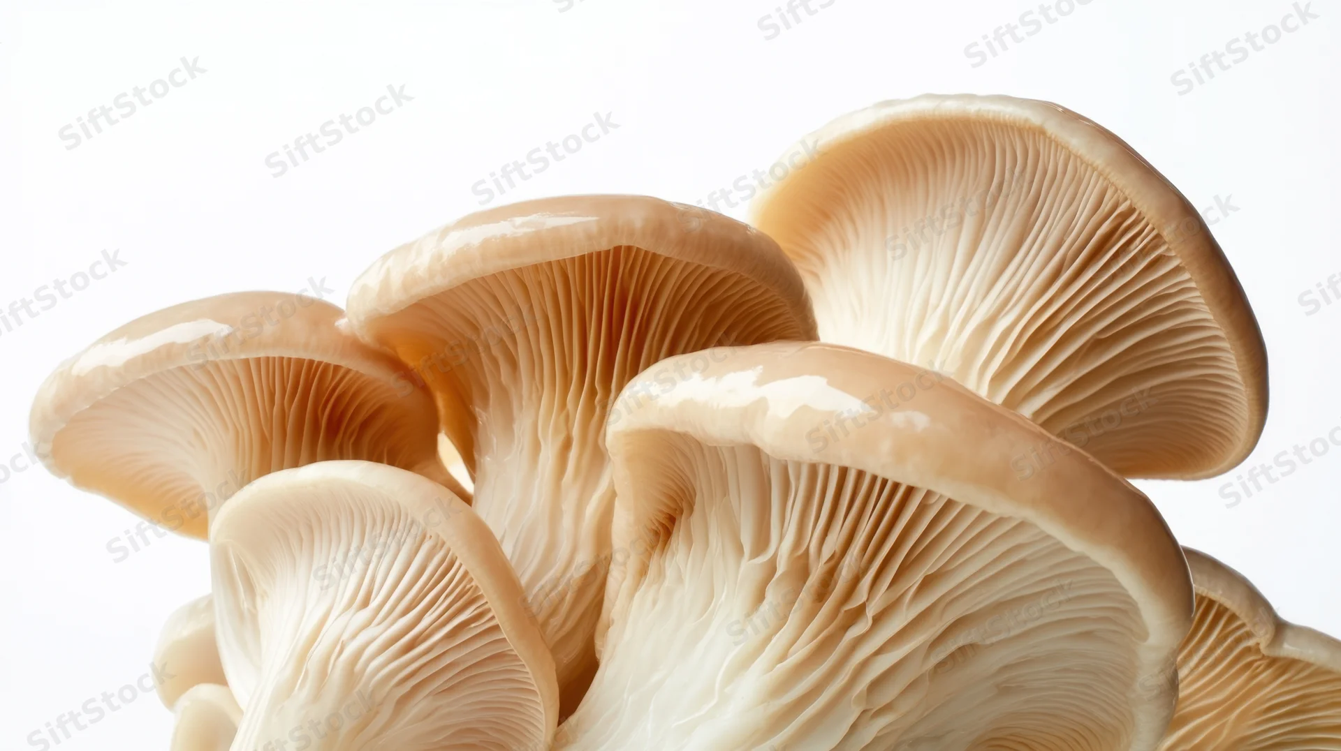 Cluster of fresh oyster mushrooms with visible gills and glossy caps on white background