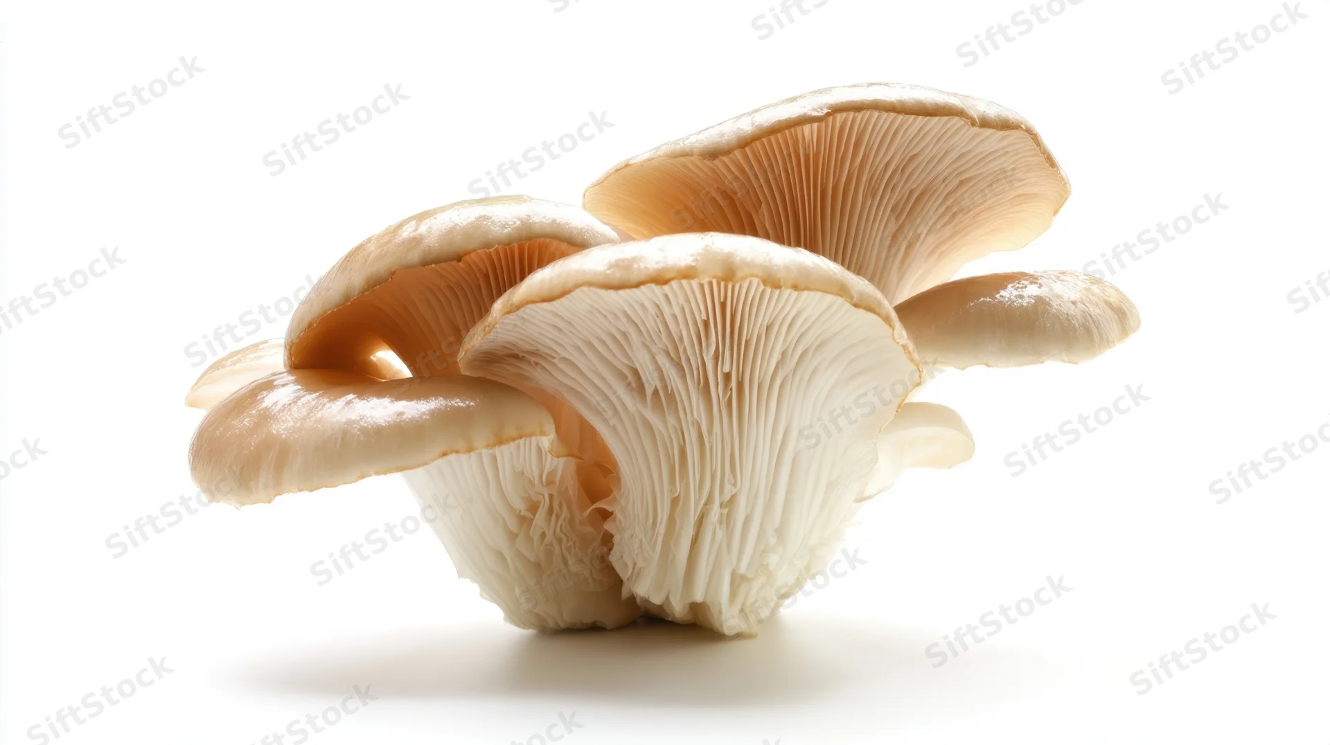 Cluster of fresh oyster mushrooms on white background