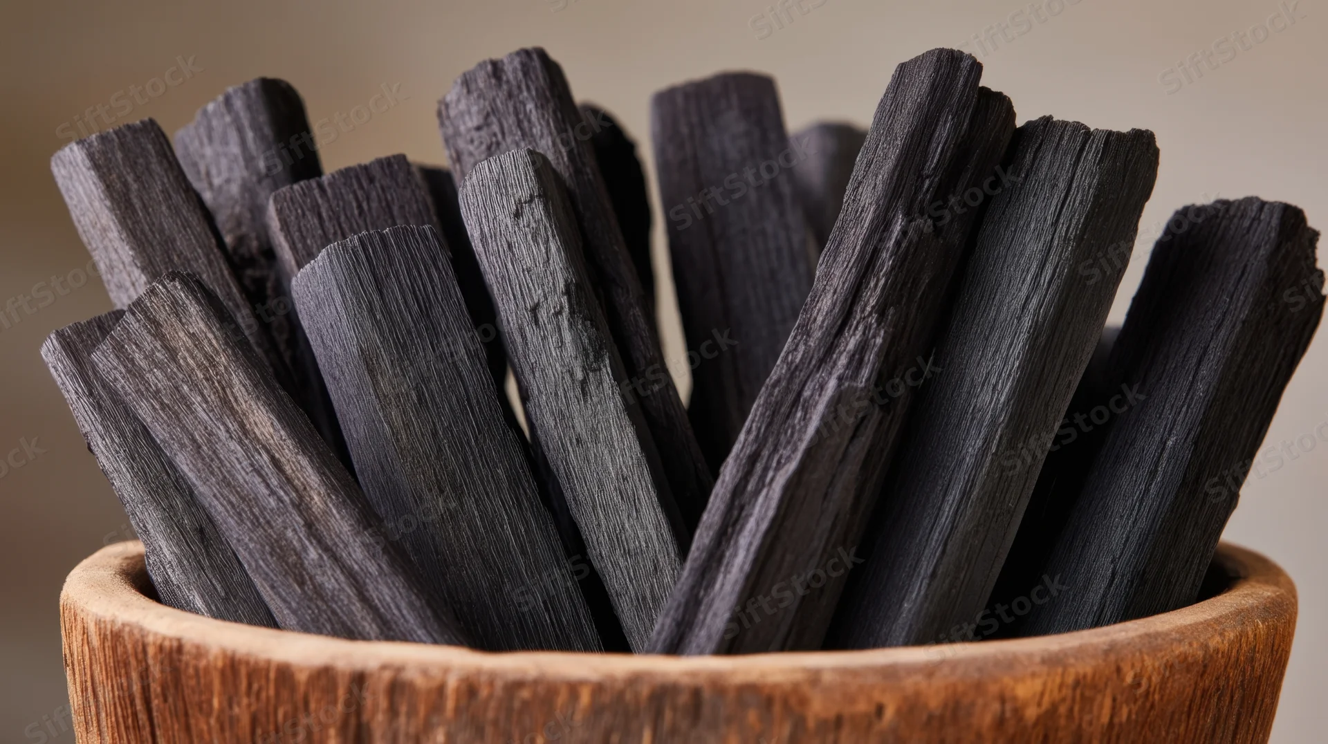 Charcoal sticks in a wooden bowl for grilling and cooking