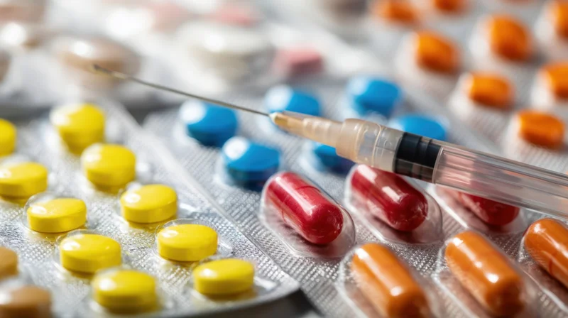 Close-up of syringe and colorful pills in blister packs on a metallic surface