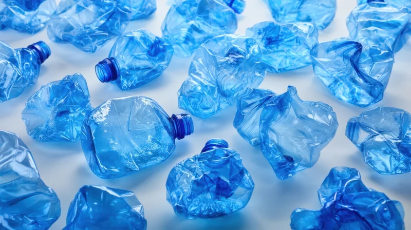 Crumpled blue plastic bottles scattered on a white surface