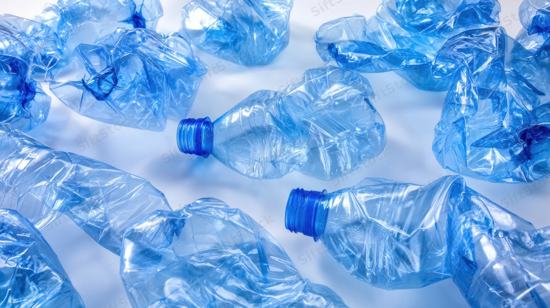 Crumpled blue plastic bottles scattered on a white surface