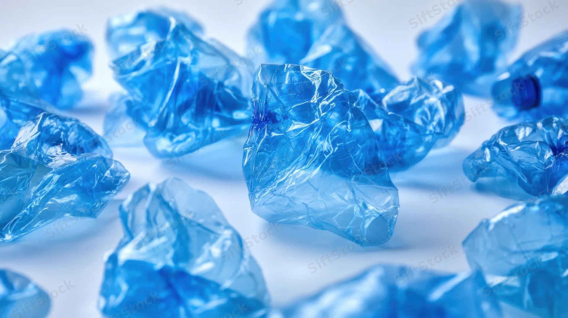 Crumpled blue plastic bottles scattered on a white surface