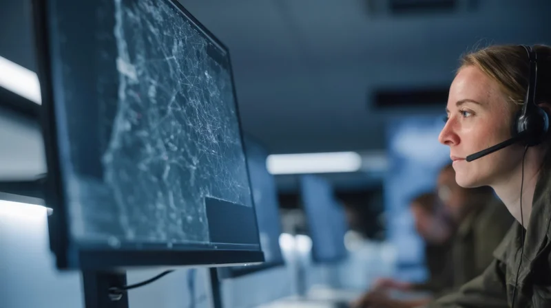 Woman in uniform monitoring digital map on computer screen in control room