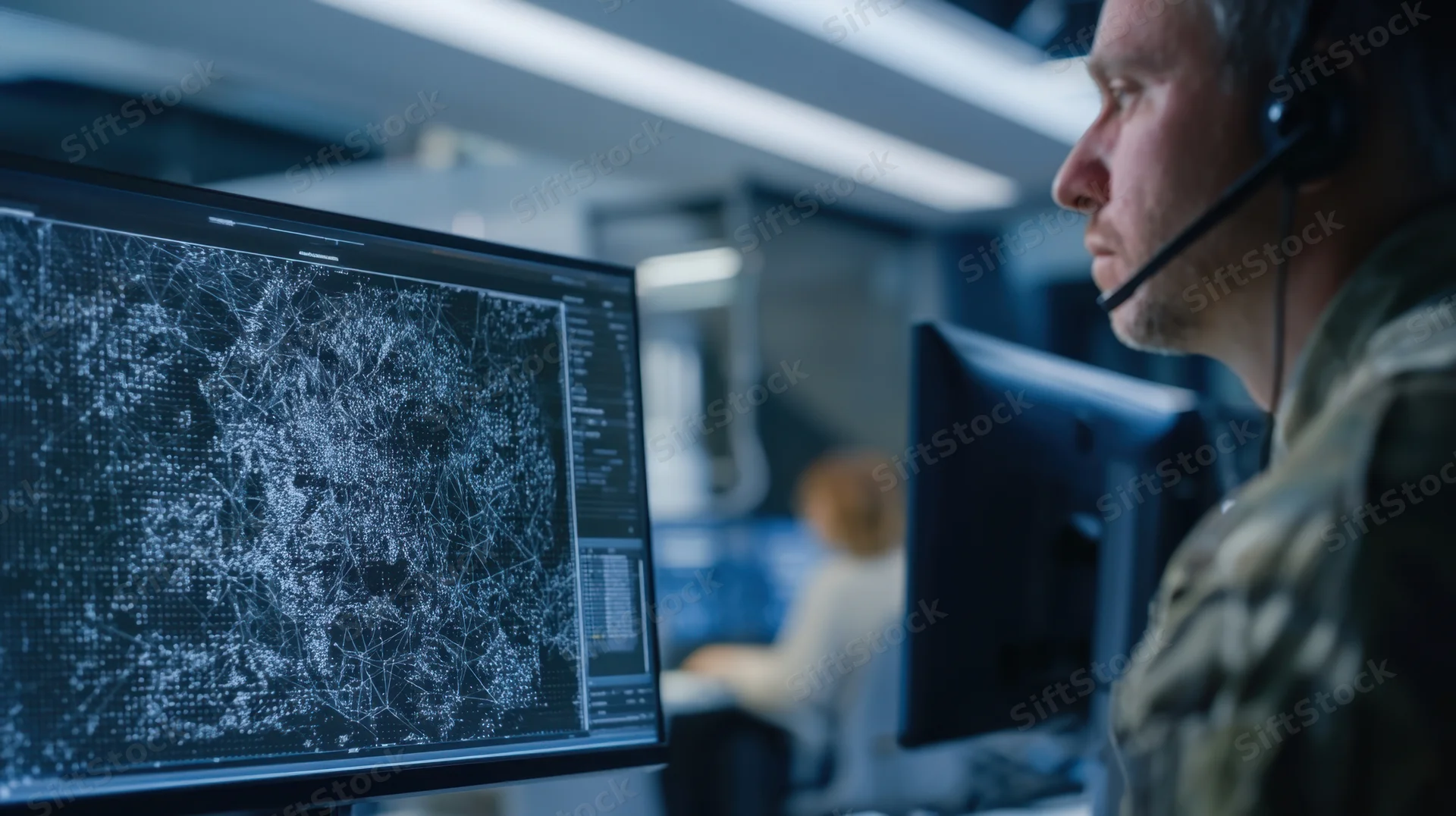 Soldier in camouflage uniform wearing headset and monitoring network data on computer screen in control room