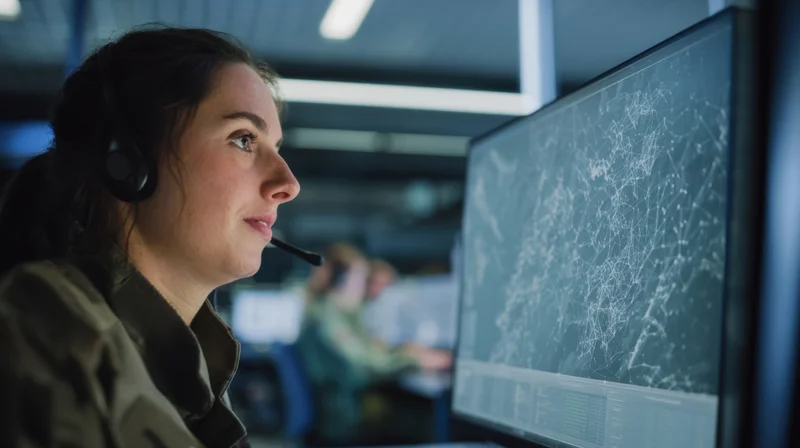 Woman in military uniform wearing headset focused on computer monitor displaying network data in control room
