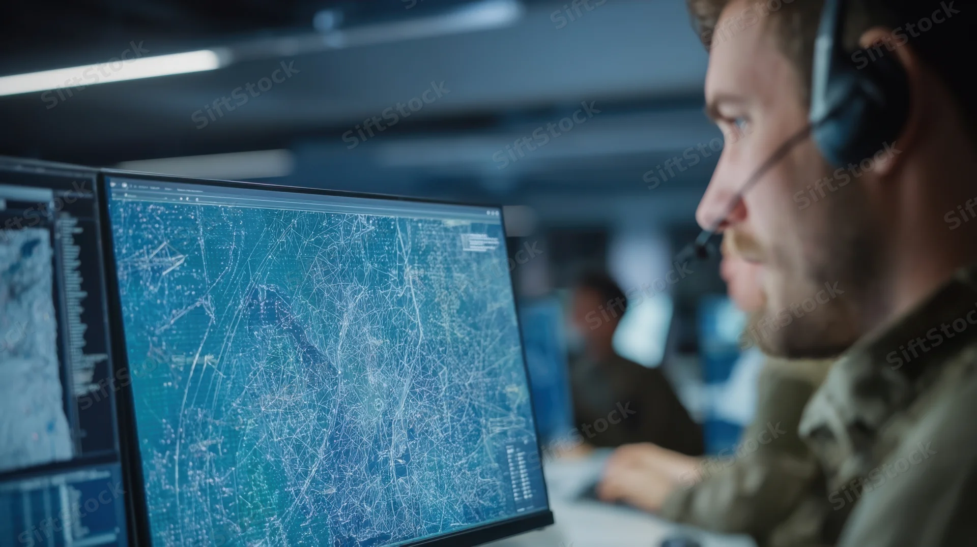 Military operator monitoring digital map on computer screen in control room