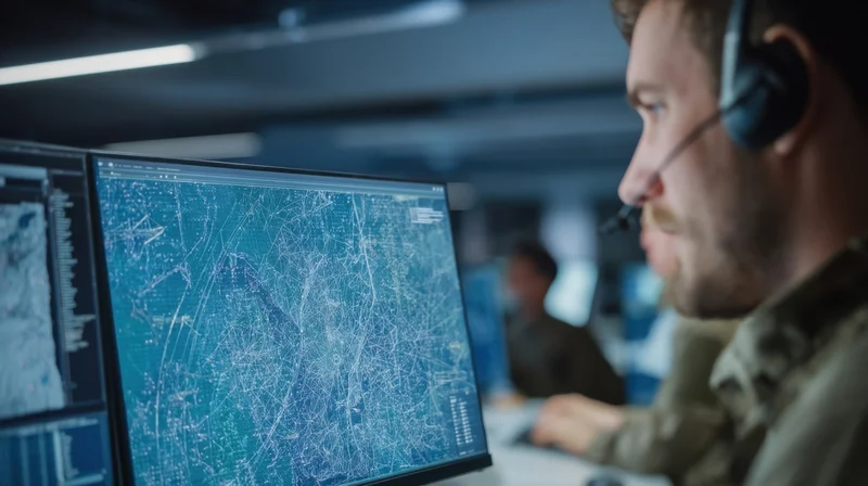 Military operator monitoring digital map on computer screen in control room