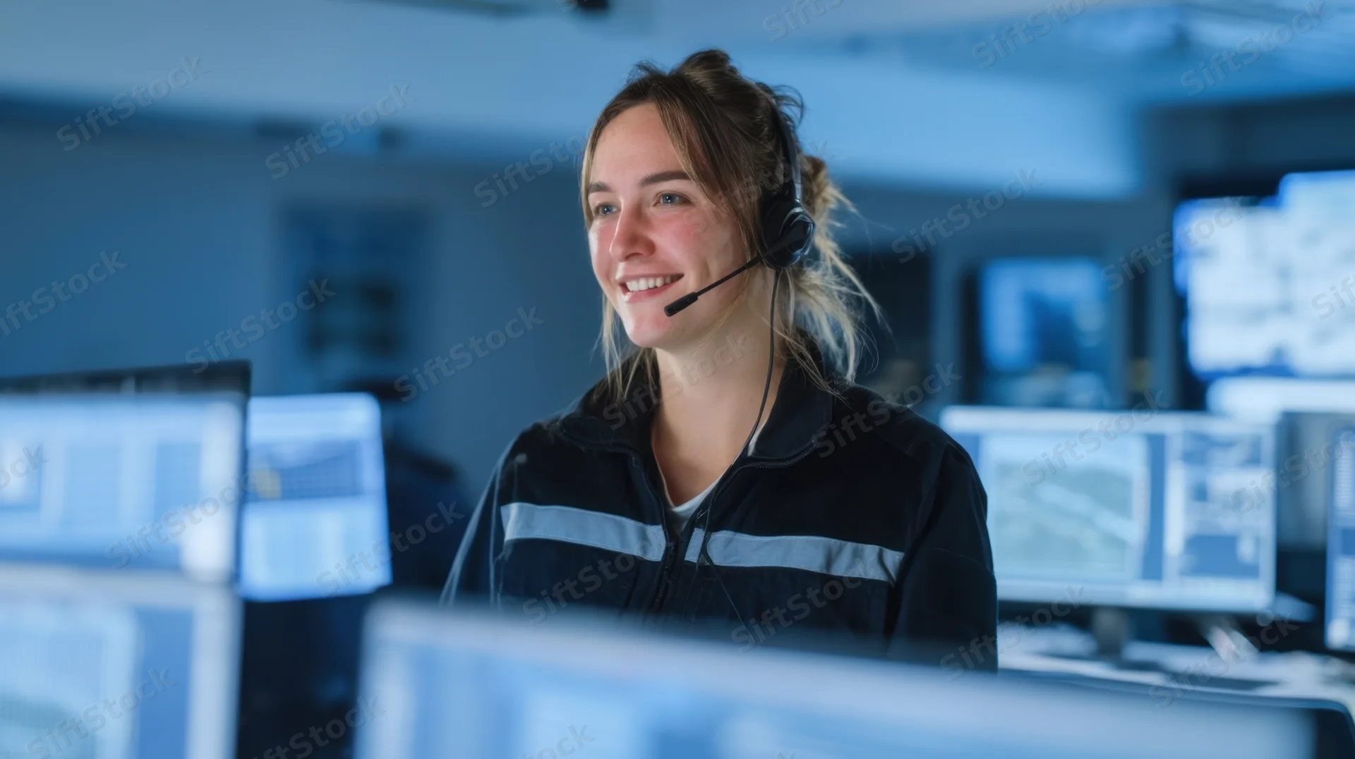 Smiling woman wearing headset in a control room with multiple computer monitors