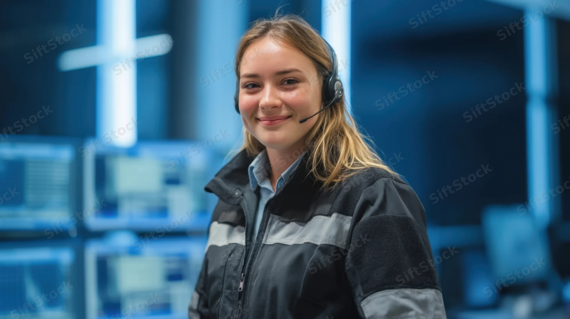 Smiling woman wearing headset in a modern call center office