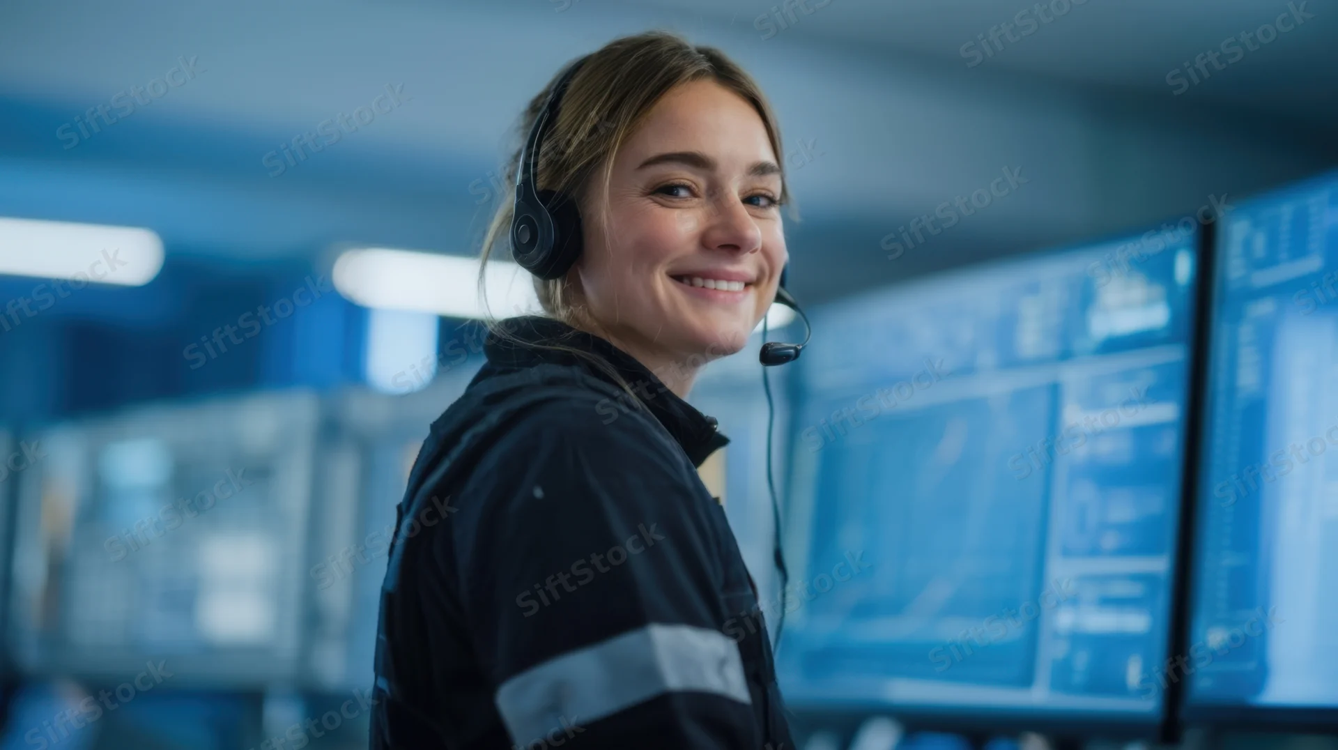 Woman in headset smiling in a control room with monitors displaying flight data