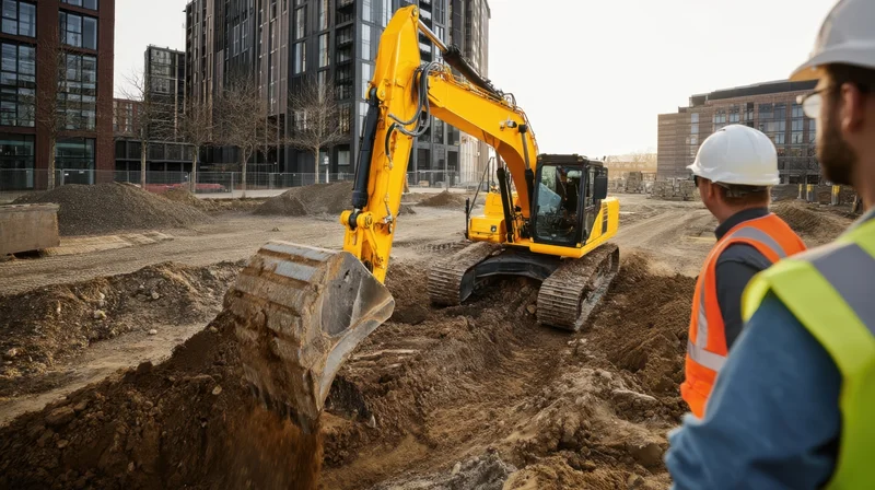 Excavator digging soil at urban construction site with workers observing