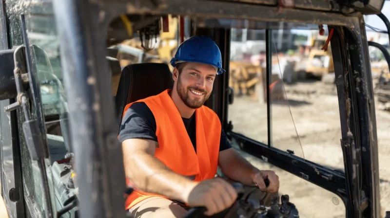 Man in orange safety vest and blue helmet smiling while operating heavy machinery from excavator cab on construction site