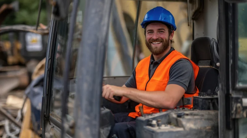 Smiling construction worker operating excavator from cab on outdoor site
