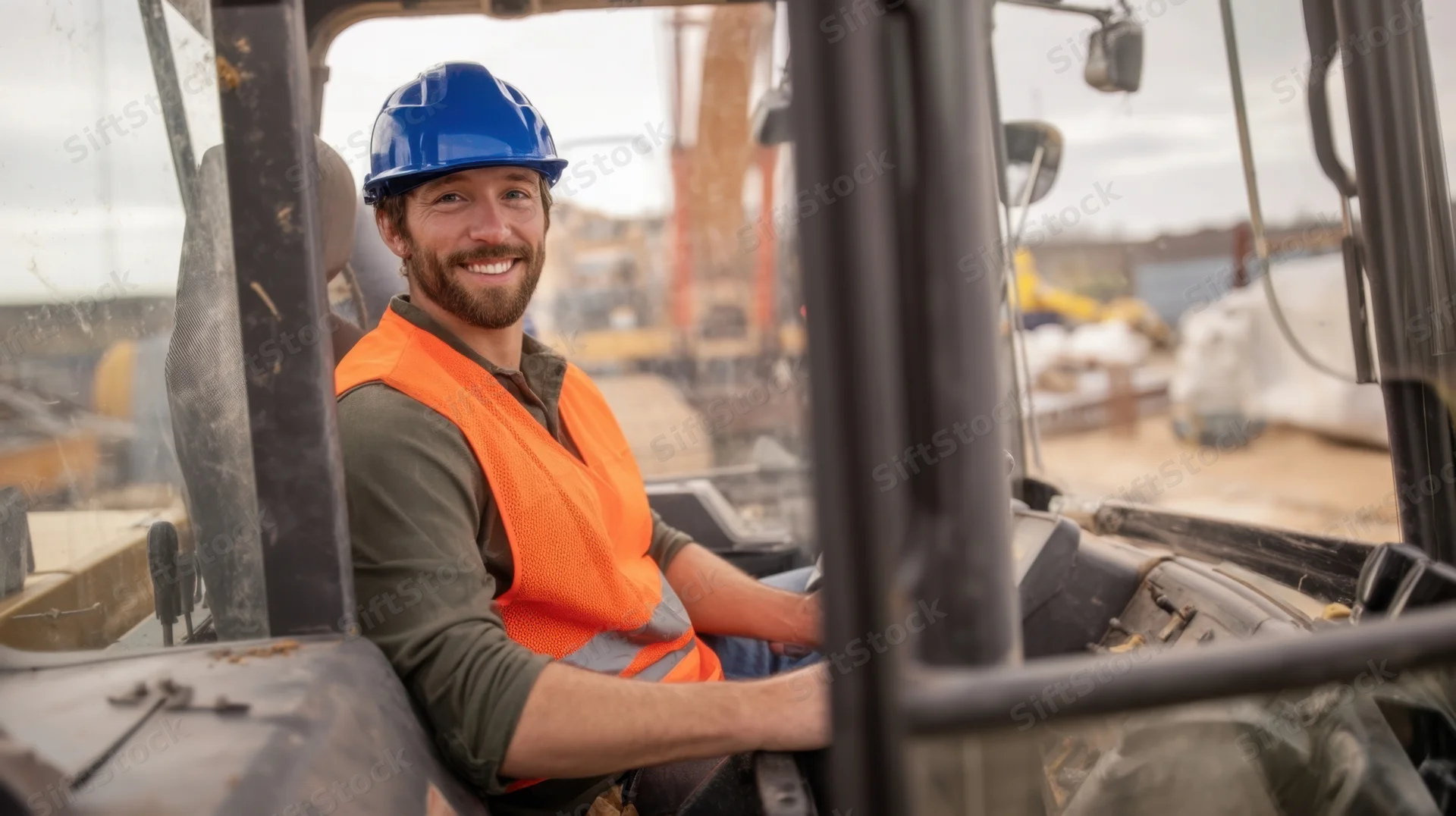 Smiling construction worker in safety gear sitting inside heavy machinery cab at outdoor worksite