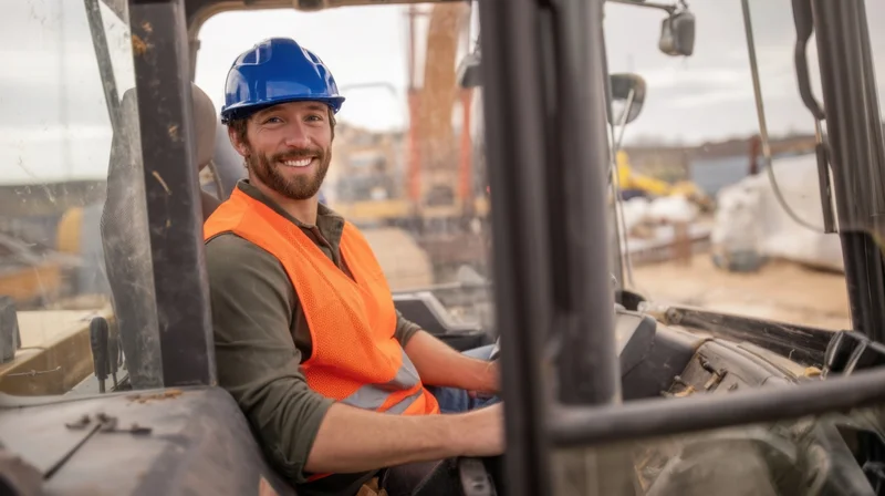Smiling construction worker in safety gear sitting inside heavy machinery cab at outdoor worksite