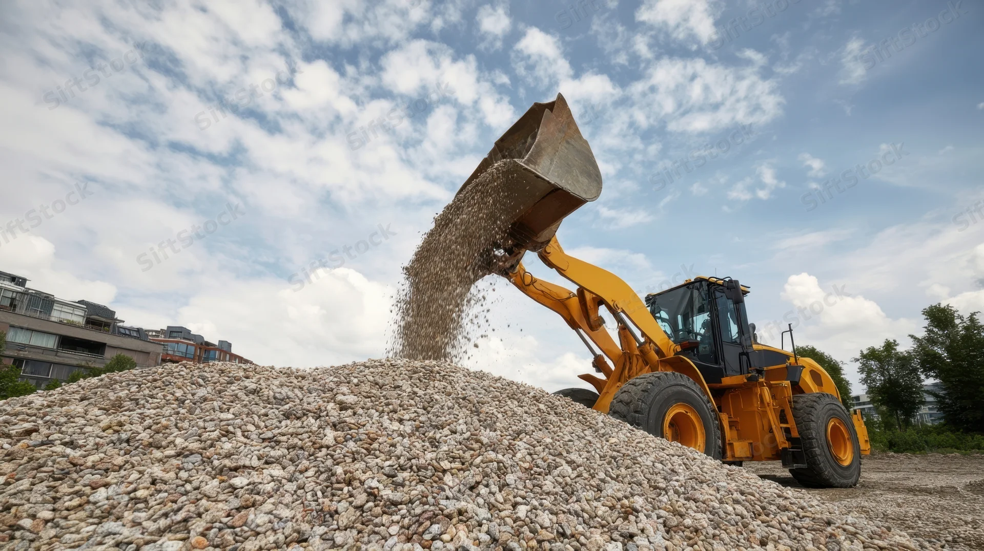 Yellow excavator dumping gravel onto a pile at a construction site