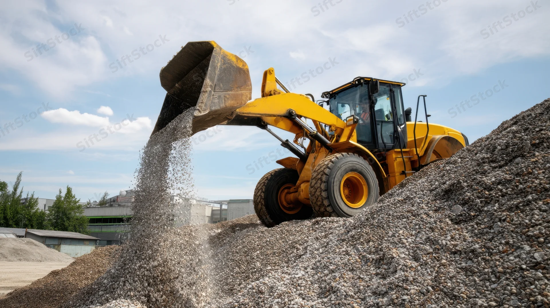 Yellow excavator dumping gravel onto a pile at a construction site