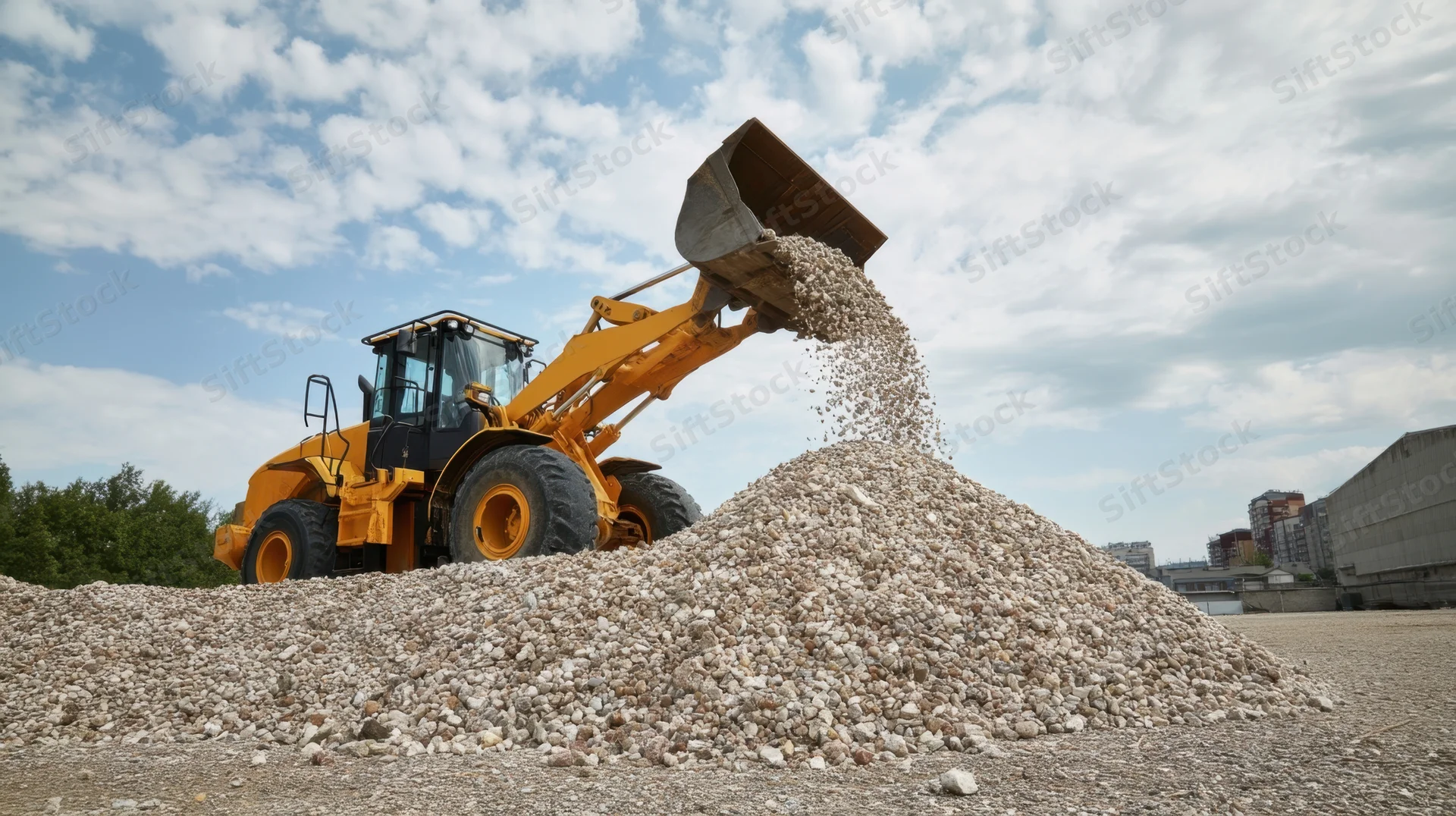 Yellow front-end loader dumping gravel onto a pile at an outdoor construction site