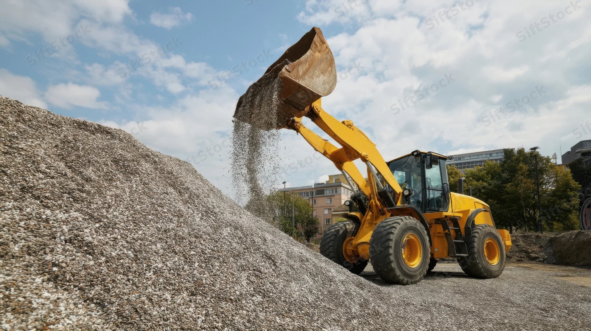 Yellow front-end loader dumping gravel onto a pile at a construction site