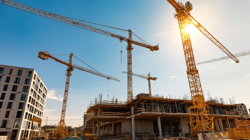 Multiple tower cranes operating on a high-rise construction site under a clear blue sky during golden hour