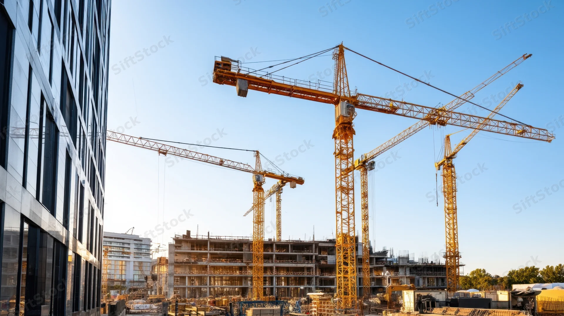 Multiple yellow cranes operating on a high-rise construction site in an urban area