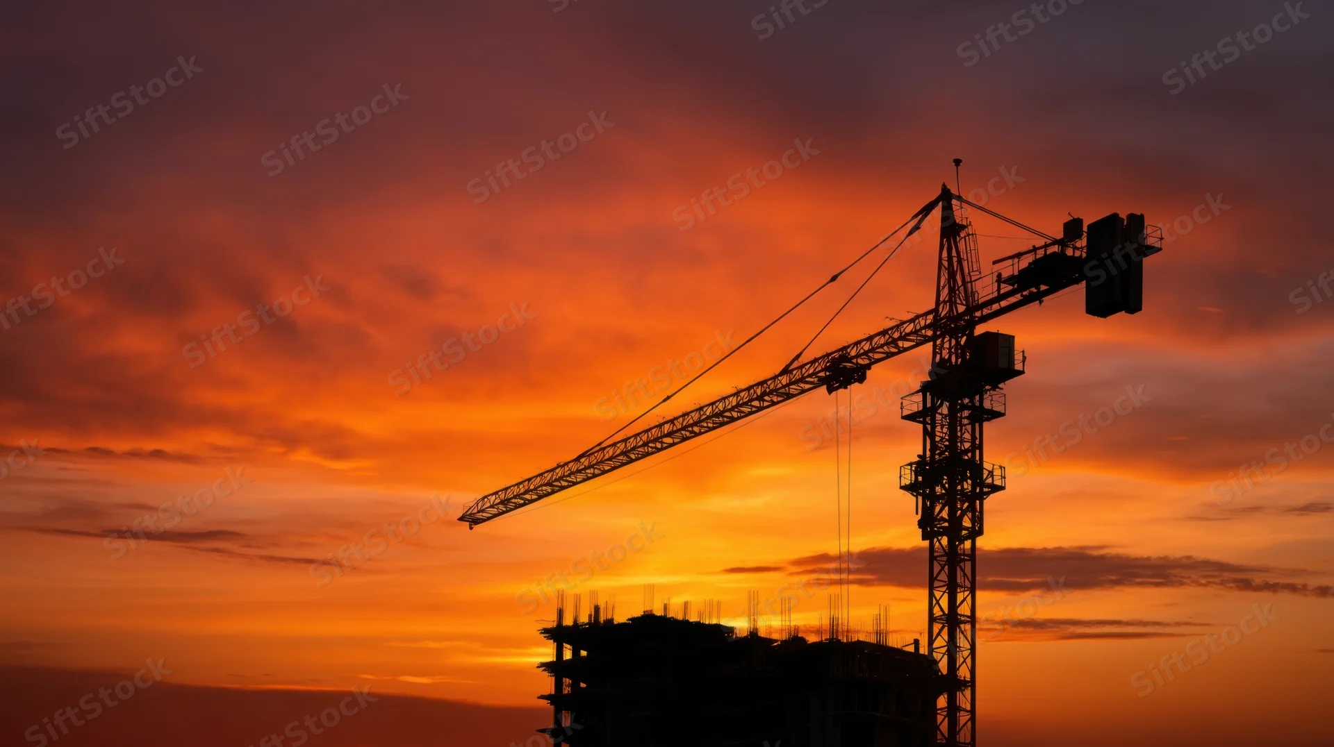 Silhouette of a crane and building under construction against a vibrant orange sunset sky