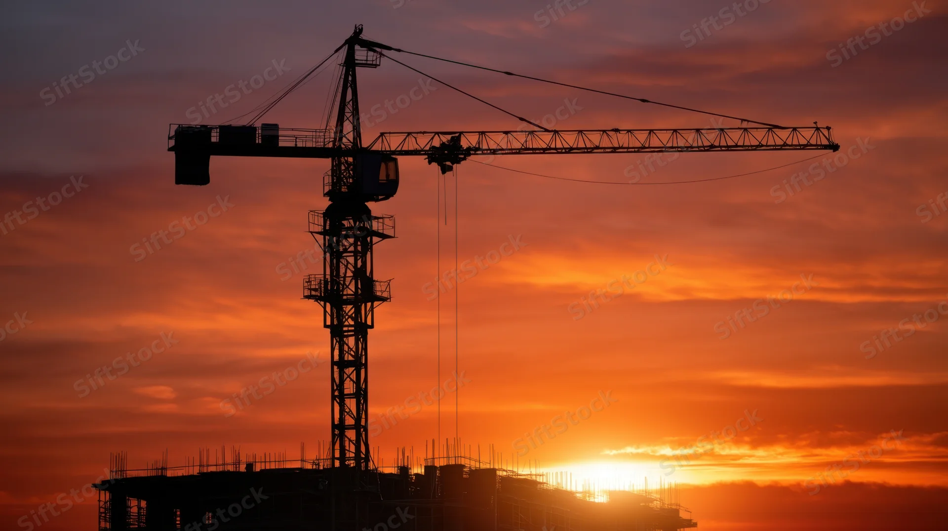 Silhouette of a crane and building framework against an orange sunset sky