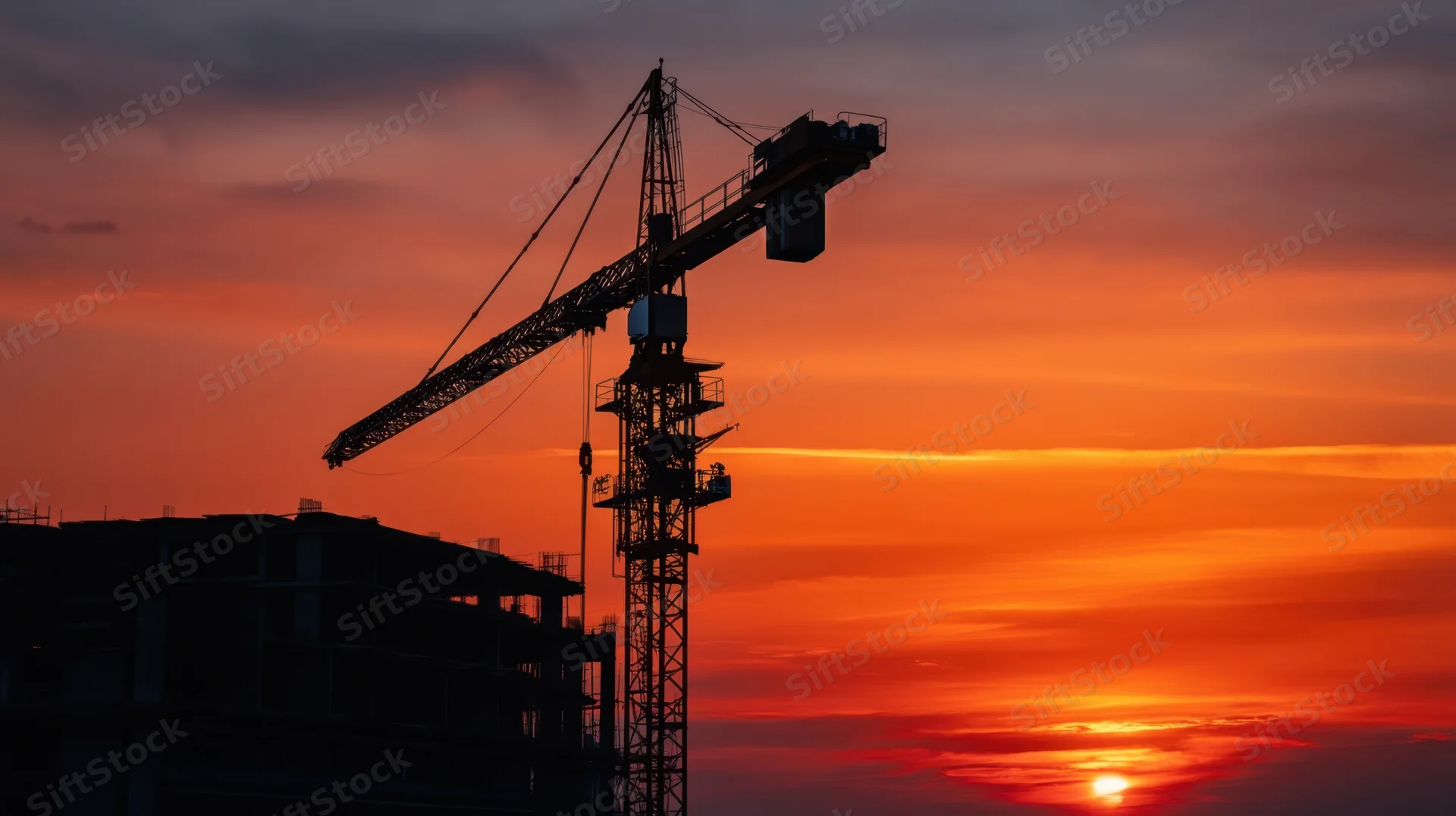 Silhouette of a crane and building against an orange sunset sky