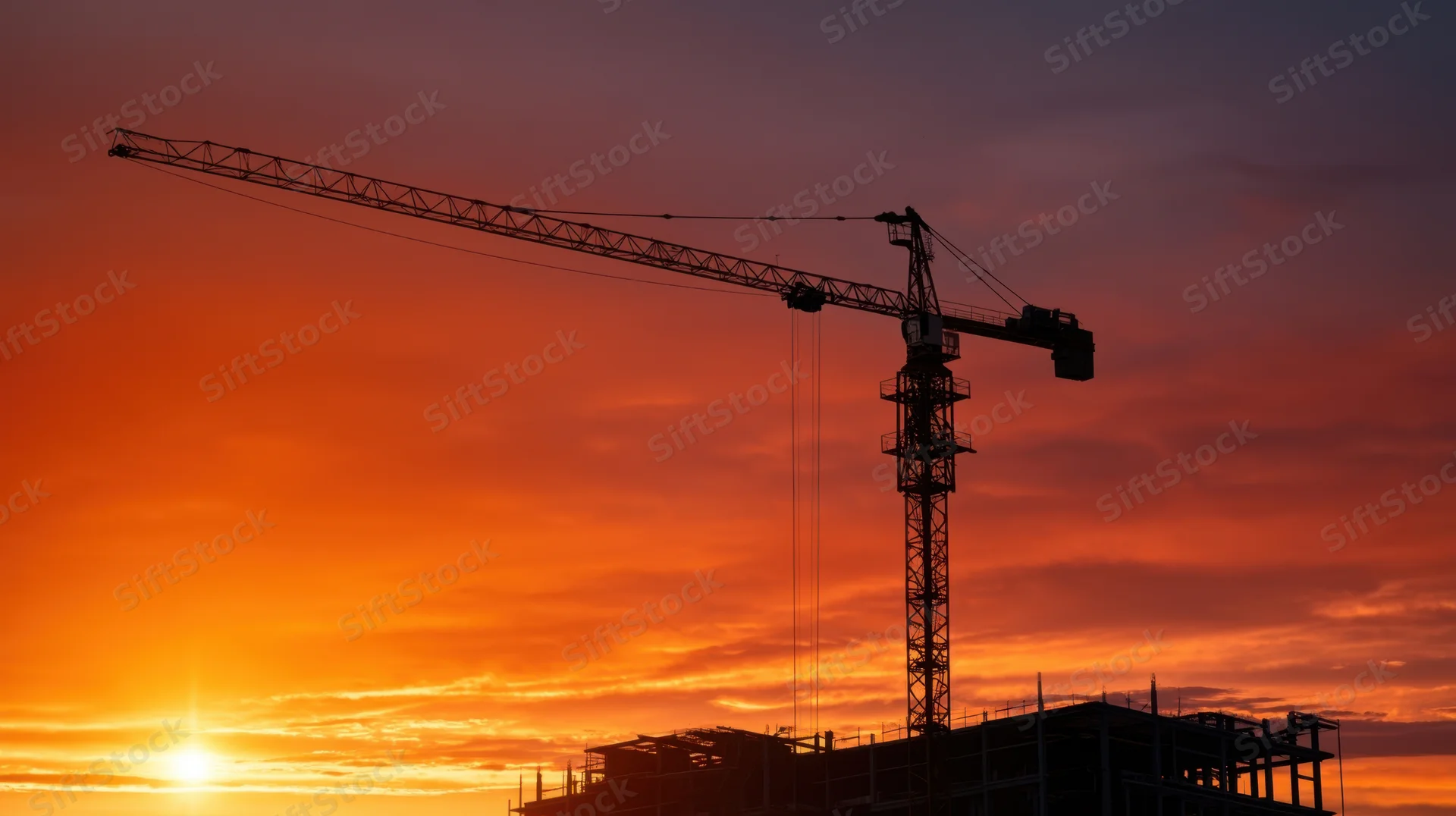 Silhouette of a crane and building framework against an orange sunset sky