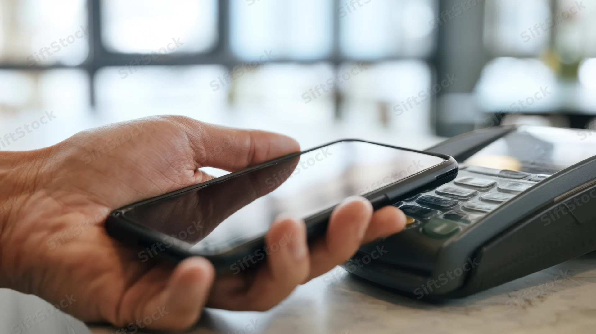 Hand holding smartphone near contactless payment terminal on countertop