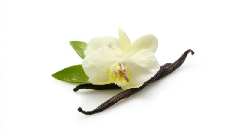 Vanilla orchid flower with green leaves and dark vanilla pods arranged on white background