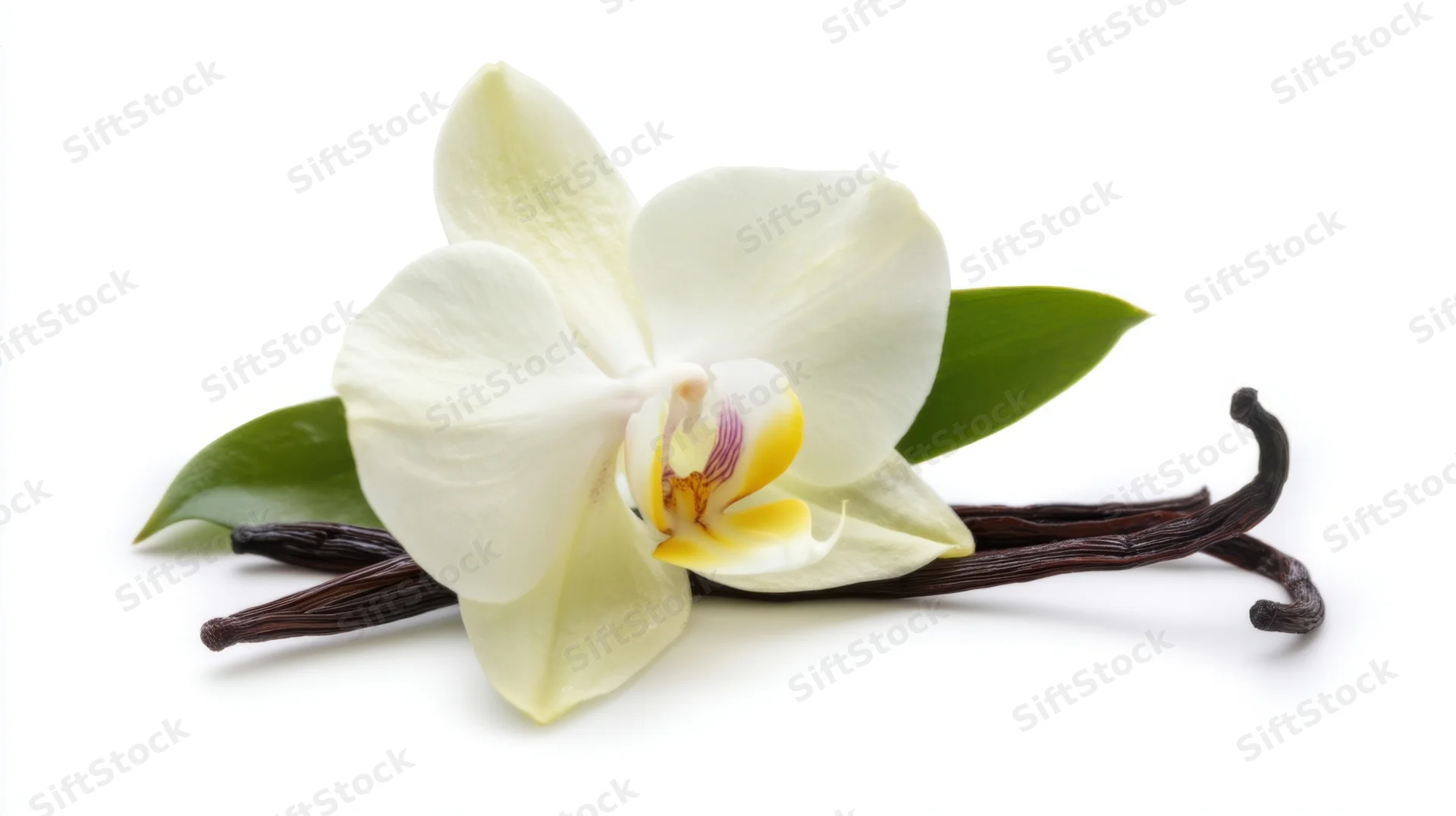 White orchid flower with vanilla pods and green leaves on white background