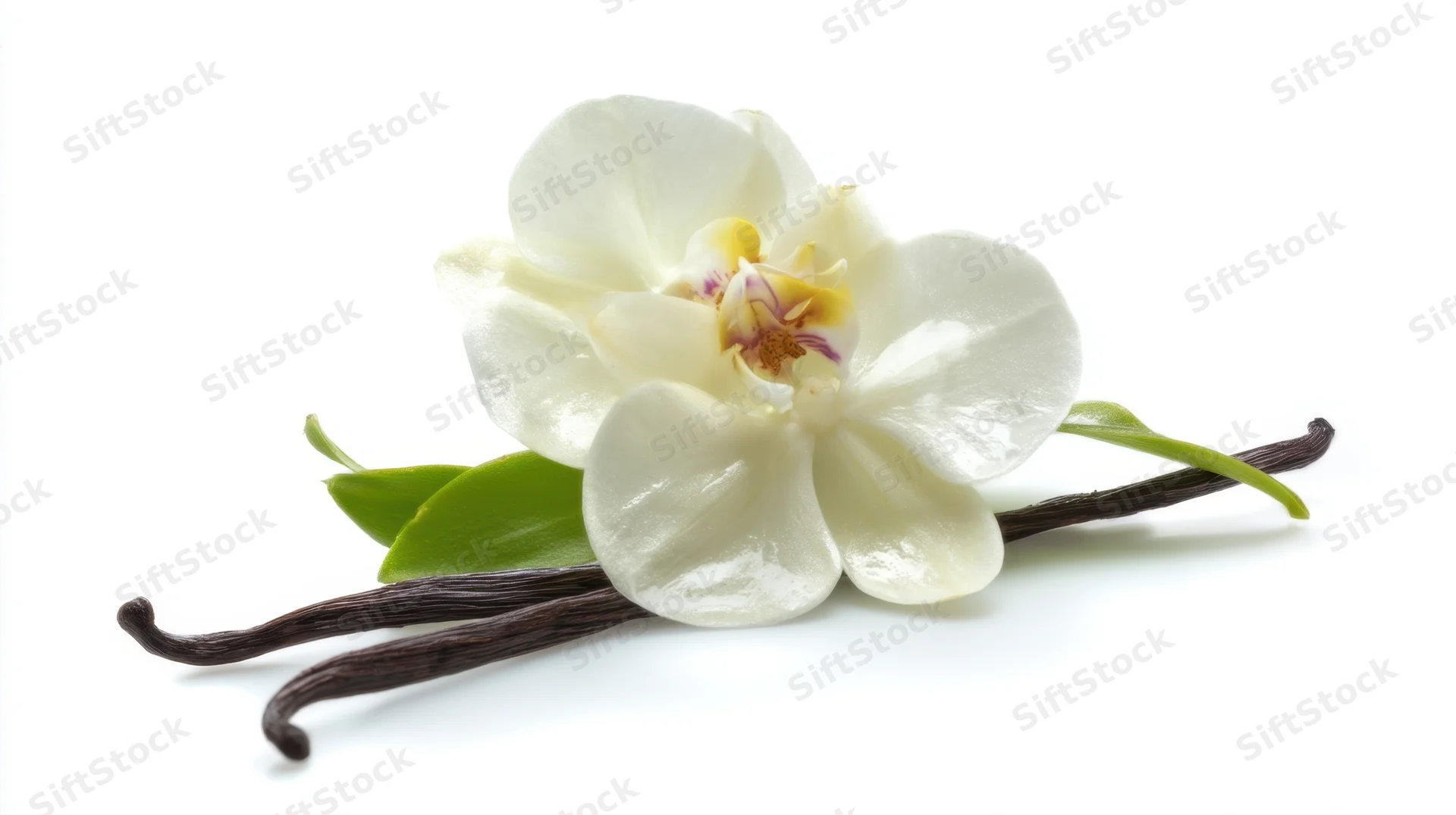 White vanilla orchid flower with dark pods and green leaves on white background