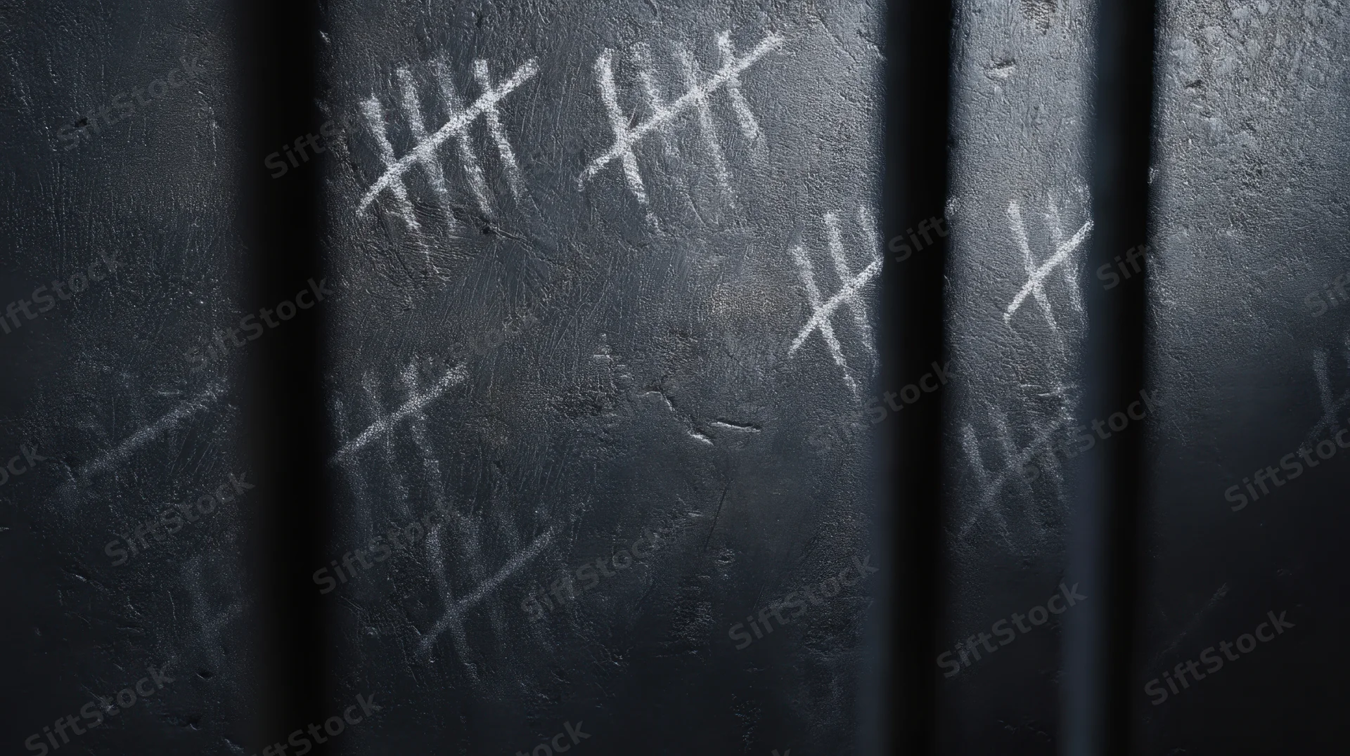 Chalk tally marks on dark metal prison bars