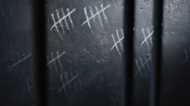 Chalk tally marks on dark metal prison bars