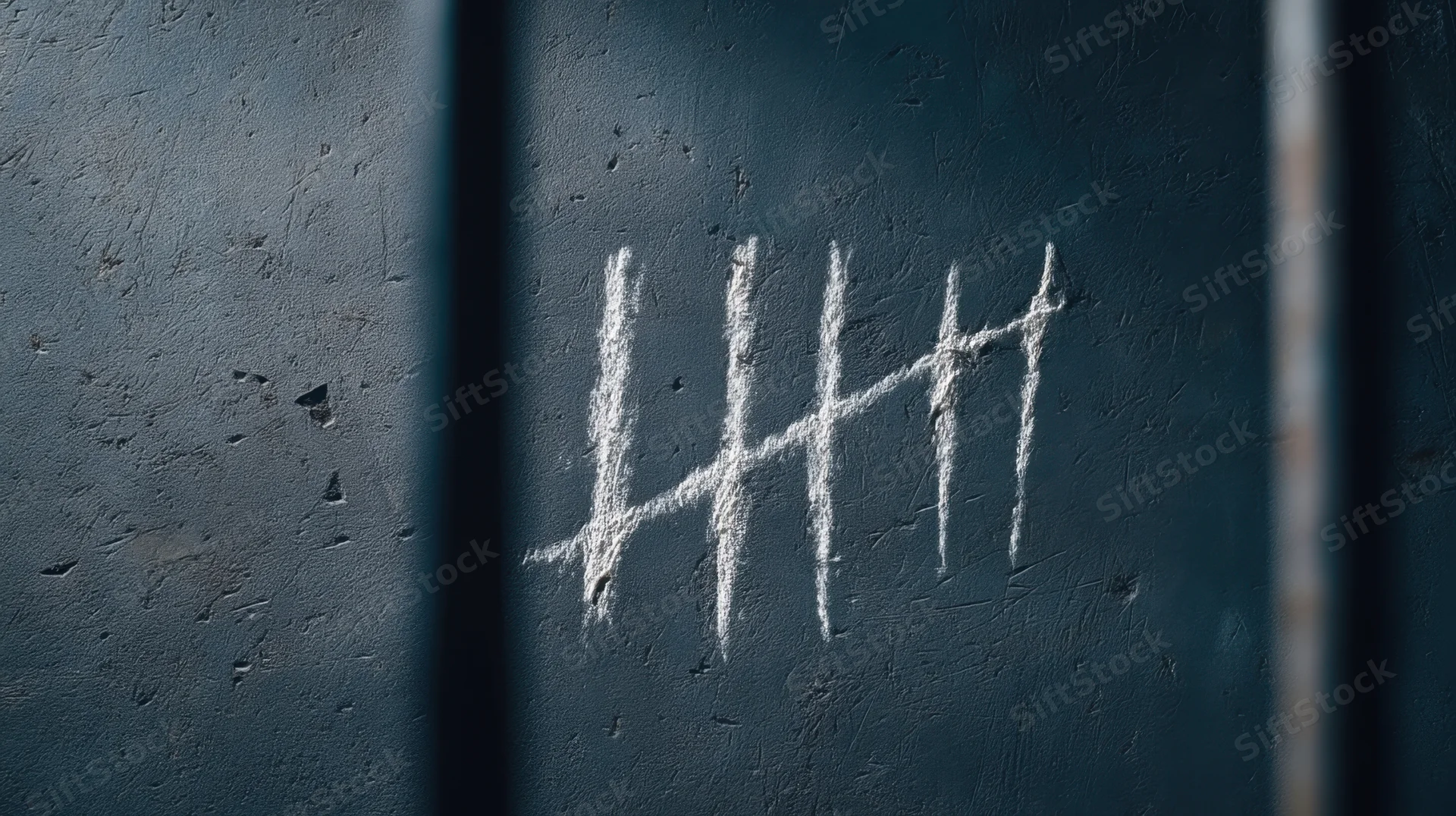 White chalk tally marks on a dark concrete prison wall