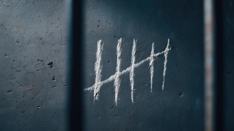 White chalk tally marks on a dark concrete prison wall
