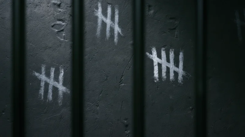 White tally marks on a dark concrete wall behind metal bars