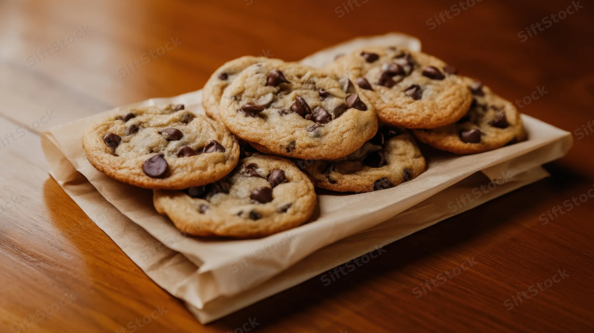 Chocolate chip cookies arranged on parchment paper on a wooden table
