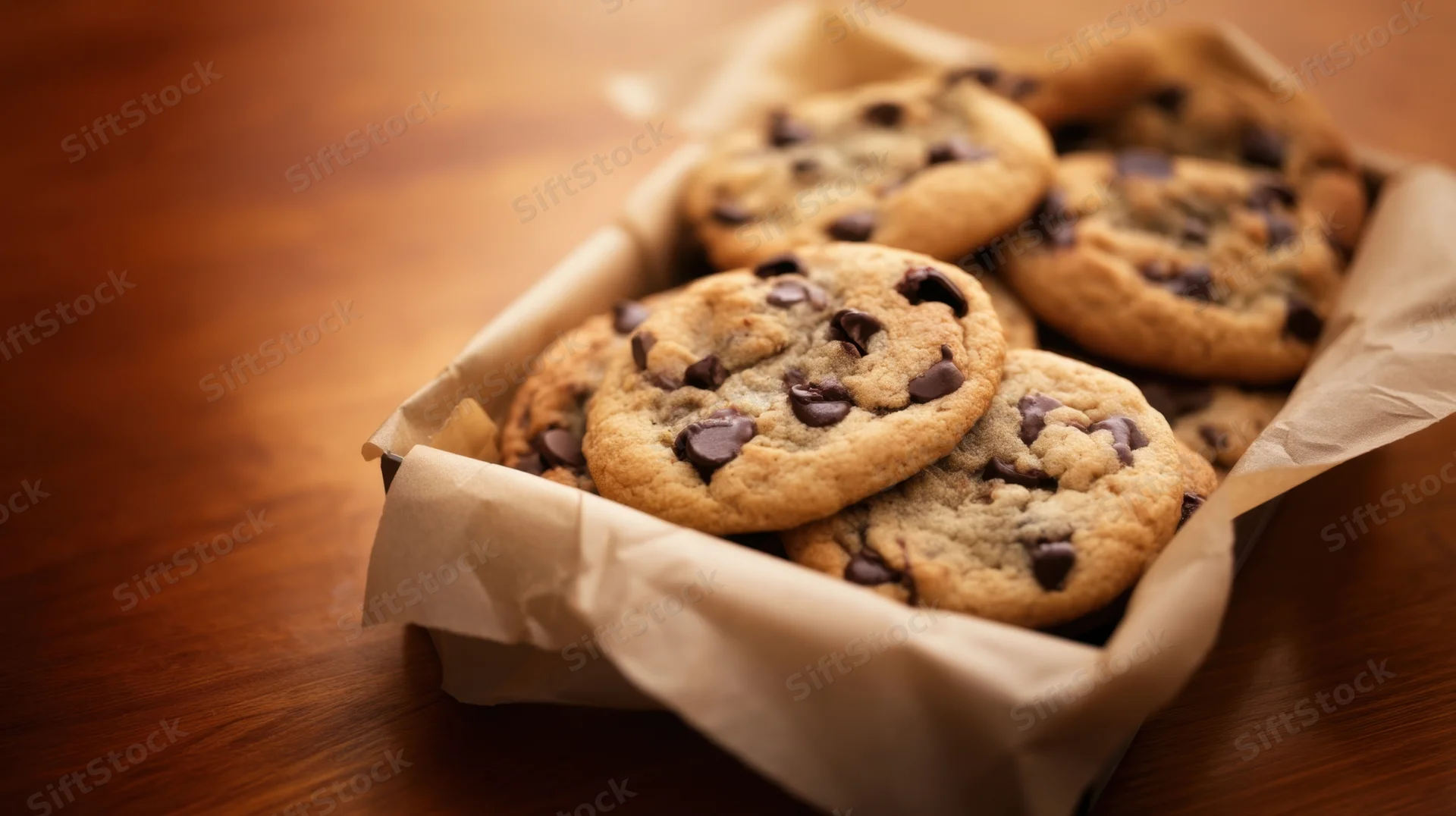 Chocolate chip cookies in a parchment-lined tray on a wooden table