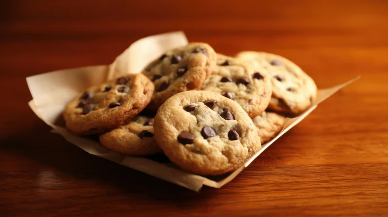 Chocolate chip cookies arranged on parchment paper on a wooden table