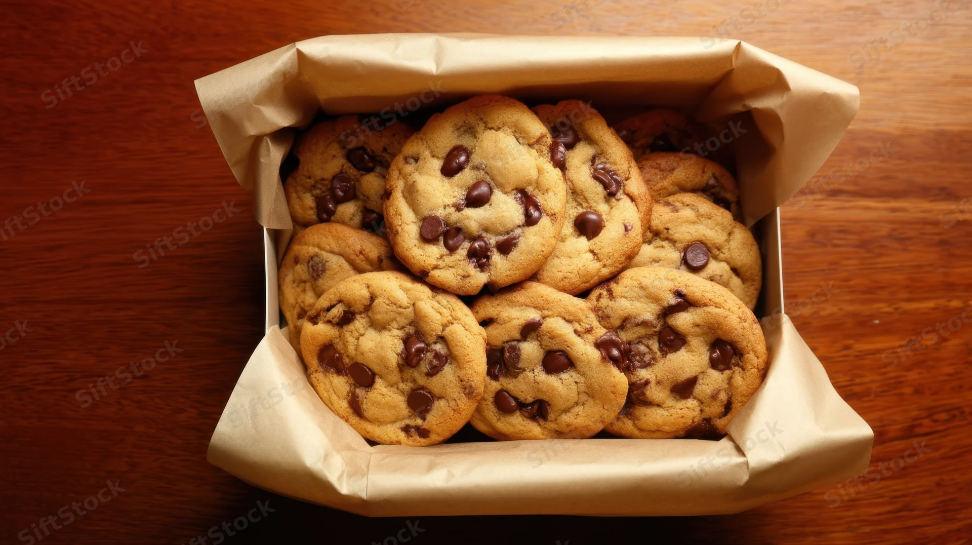 Chocolate chip cookies arranged in a paper-lined box on a wooden table