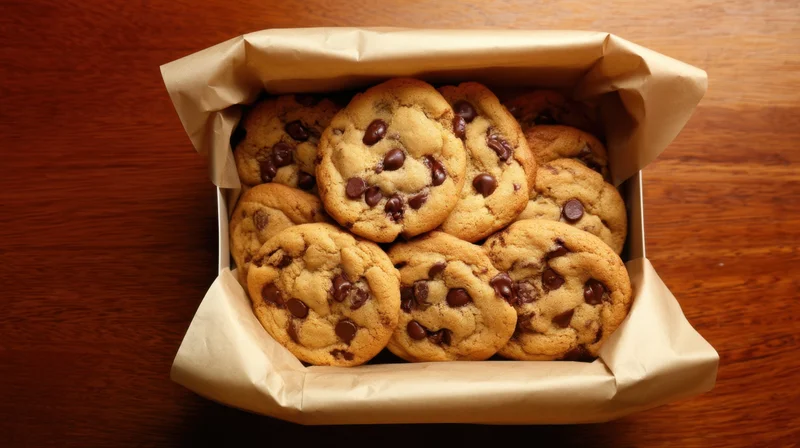 Chocolate chip cookies arranged in a paper-lined box on a wooden table