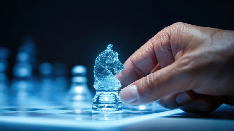 Hand moving a glowing digital knight chess piece on a futuristic board