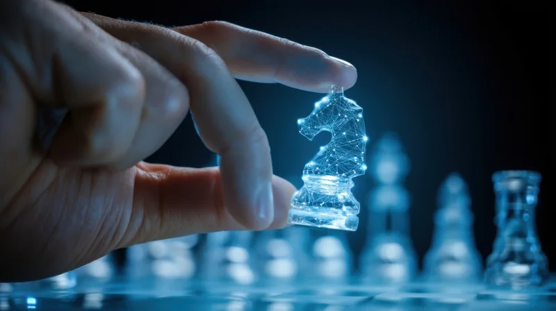 Hand holding a glowing digital chess knight over a futuristic board