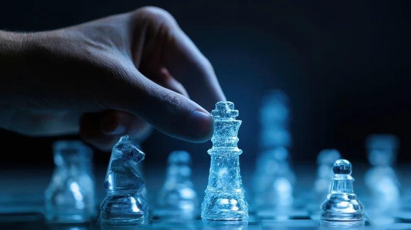 Hand moving a glowing digital chess king on a futuristic board